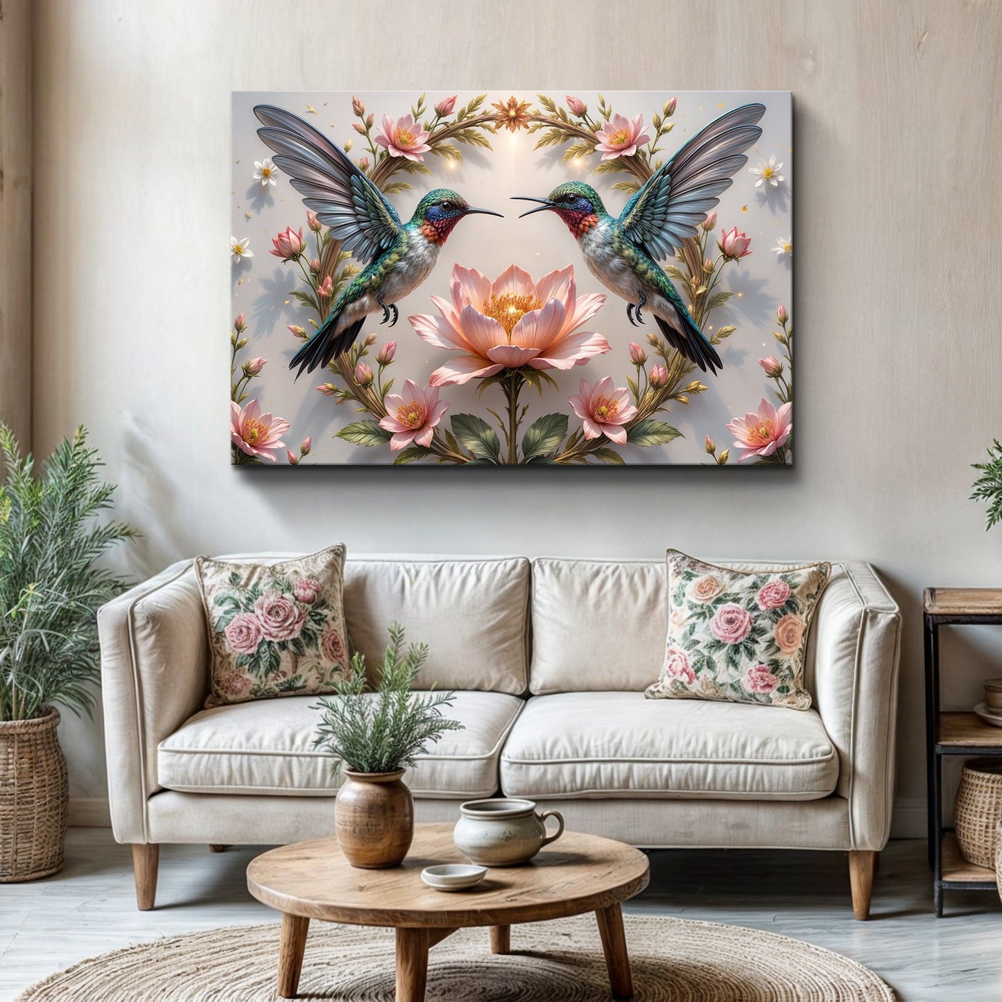 3D Hummingbirds Wall Art canvas with two hummingbirds and pink lotus blossoms on Tampa Home & Garden Store