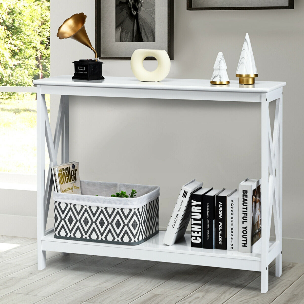 2-Tier DirectDeals white X-design console table with crisscross sides and a bin on shelf on Tampa Home & Garden Store