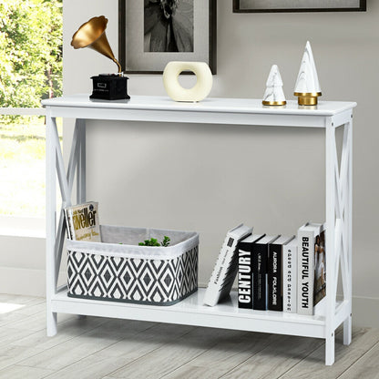 2-Tier DirectDeals white X-design console table with crisscross sides and a bin on shelf on Tampa Home & Garden Store