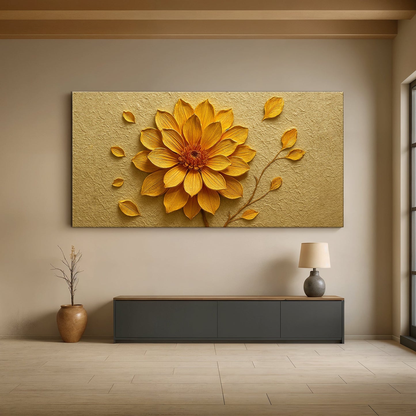 Golden Dandelion Minimalist Abstract Wall Art IV canvas on textured gold background on Tampa Home & Garden Store