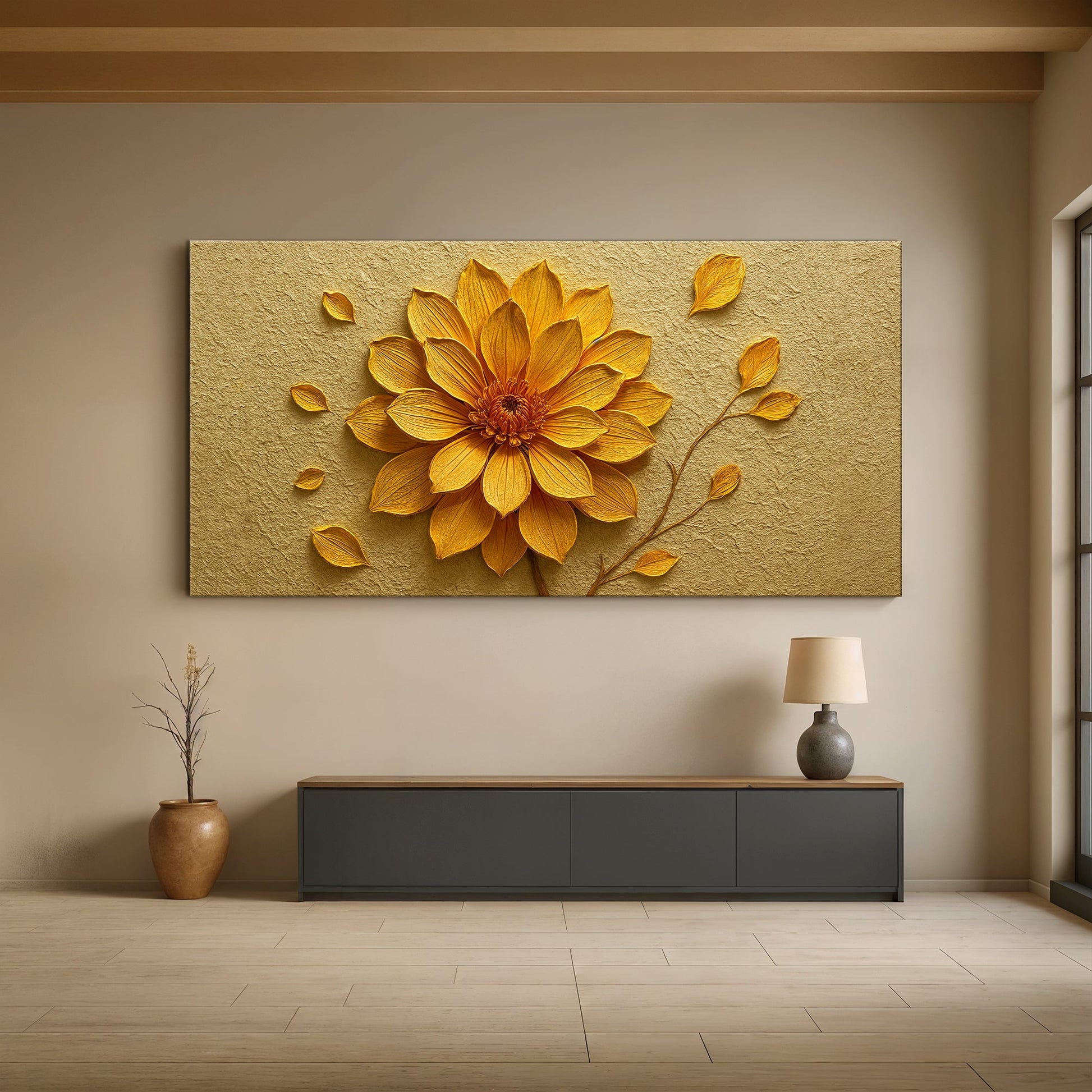 Golden Dandelion Minimalist Abstract Wall Art IV canvas on textured gold background on Tampa Home & Garden Store