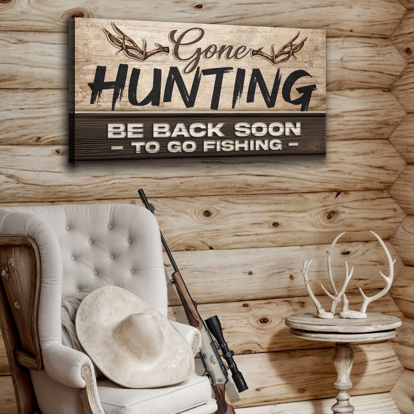 Gone Hunting Sign II canvas craft sign by Tailored Canvases, rustic wood panel with antlers on Tampa Home & Garden Store