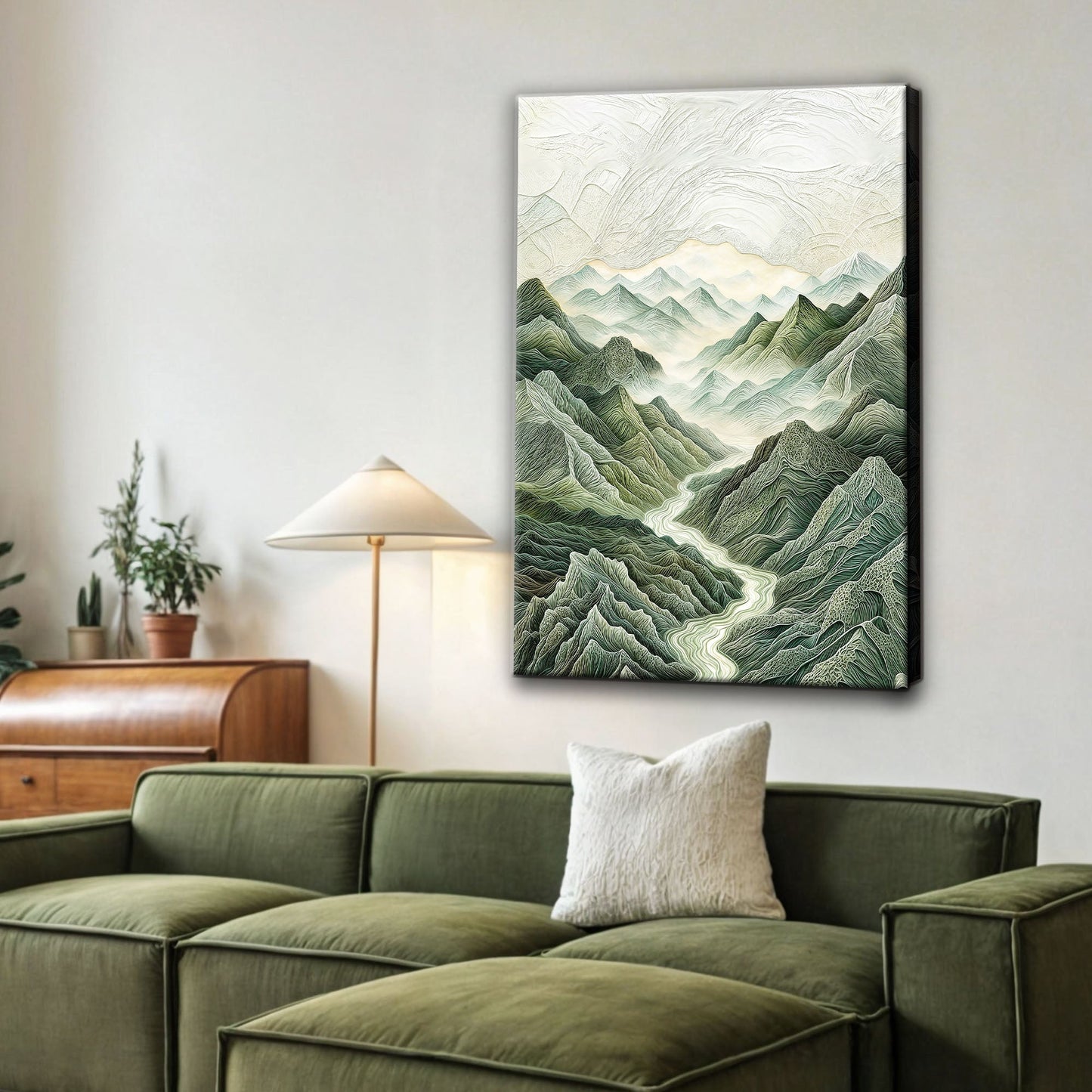 Abstract Mountain and River Landscape Canvas by Tailored Canvases with green peaks on Tampa Home & Garden Store