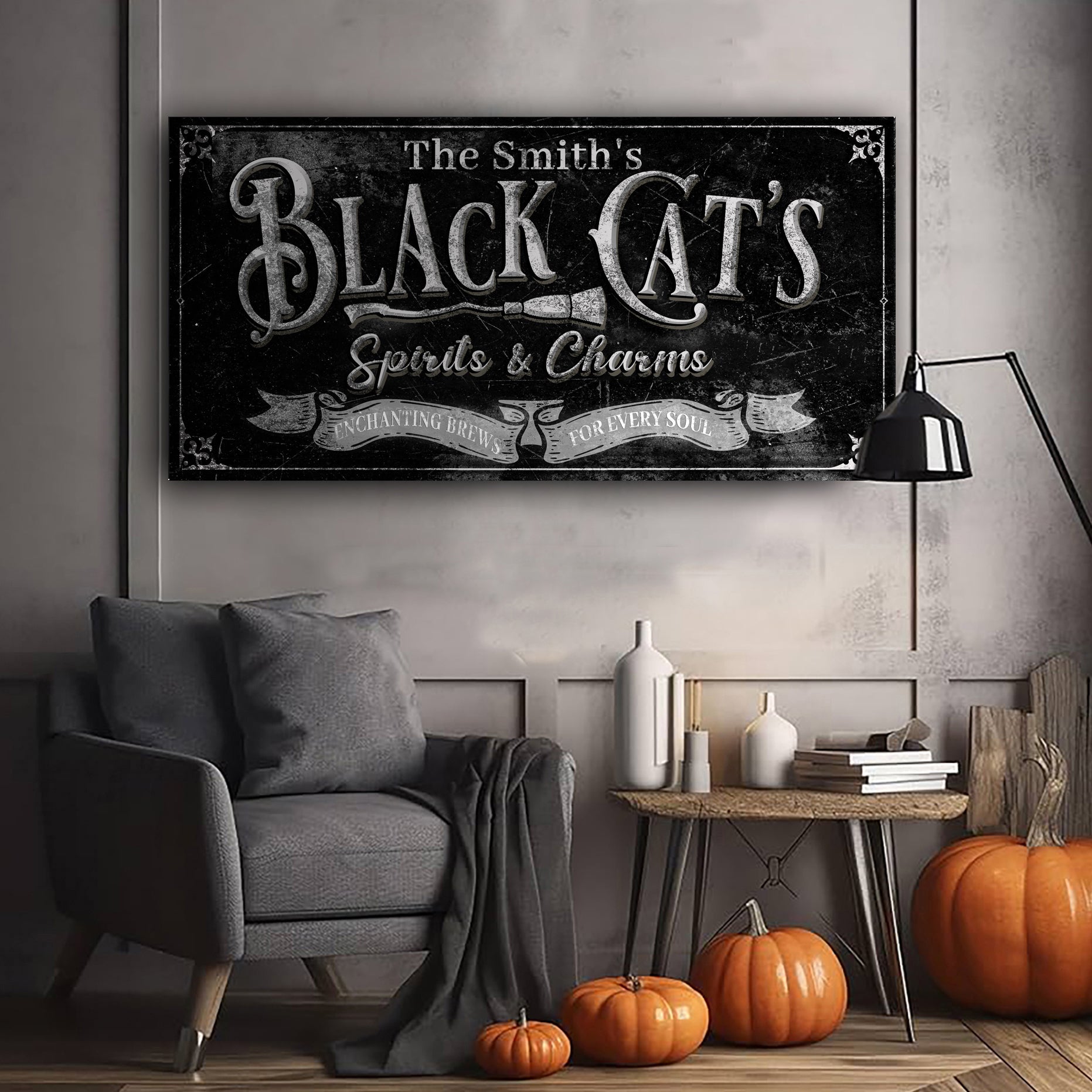 Canvas sign Black Cat’s Spirits & Charms Bar Halloween Sign III on chalkboard sign on Tampa Home & Garden Store