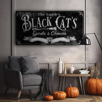 Canvas sign Black Cat’s Spirits & Charms Bar Halloween Sign III on chalkboard sign on Tampa Home & Garden Store