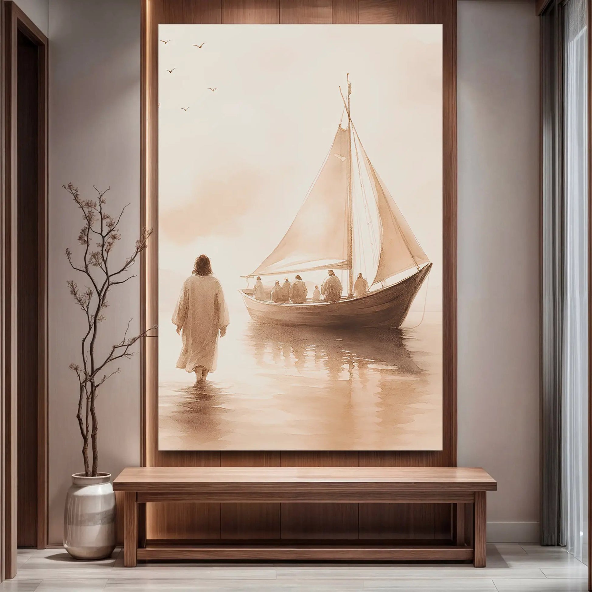 Jesus Christ Walking On Water Faith Wall Art VIII canvas Tailored Canvases, sepia sailboat on Tampa Home & Garden Store