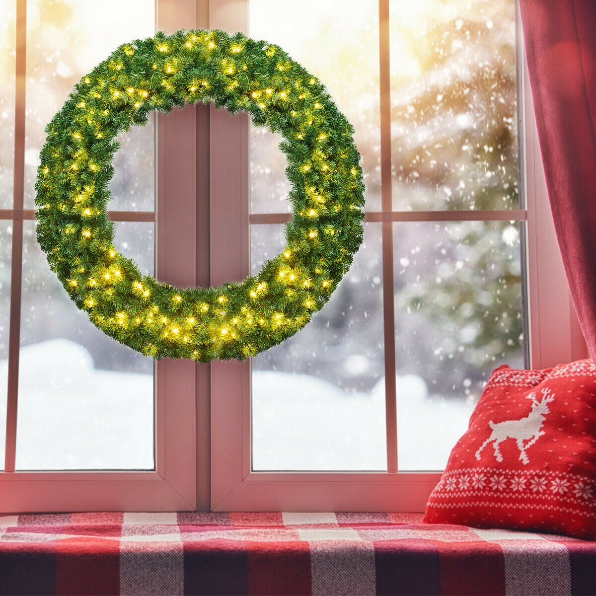 48 Inch DirectDeals pre-lit cordless artificial Christmas wreath with warm white LEDs on window on Tampa Home & Garden Store
