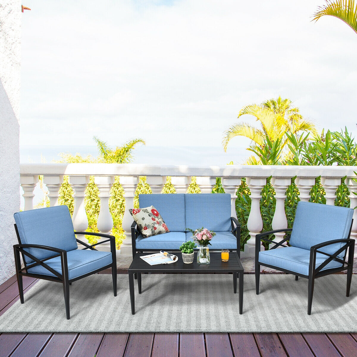 Juego de muebles de patio de 4 piezas con estructura de aluminio y sofá acolchado