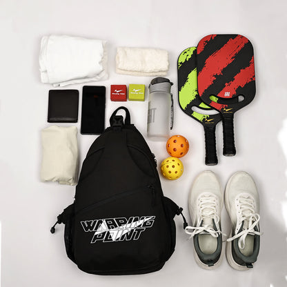 Pickleball Sling Bag Black by Warping Point with logo, paired with paddles on Tampa Home & Garden Store