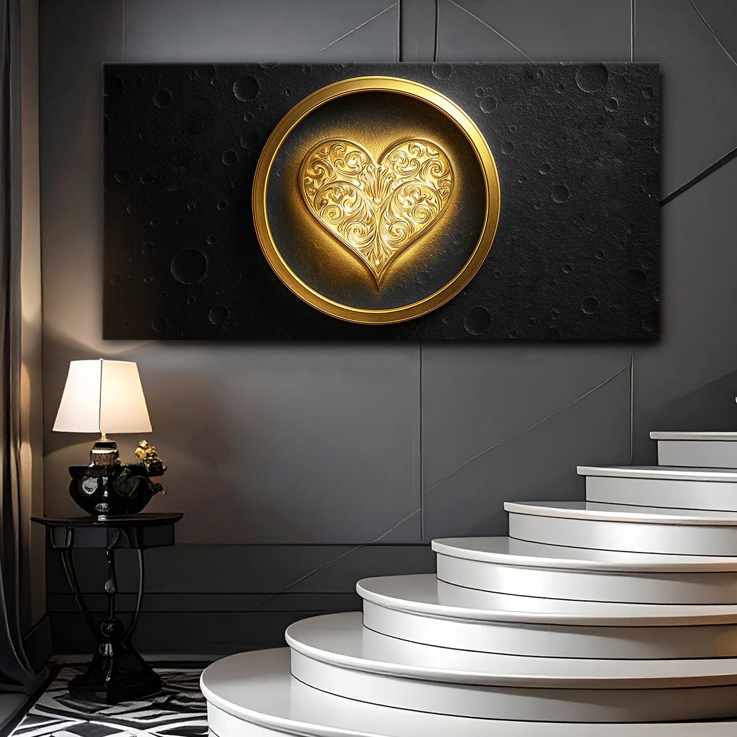 Heart Eclipse Wall Art canvas by Tailored Canvases, gold ornate heart on black background on Tampa Home & Garden Store