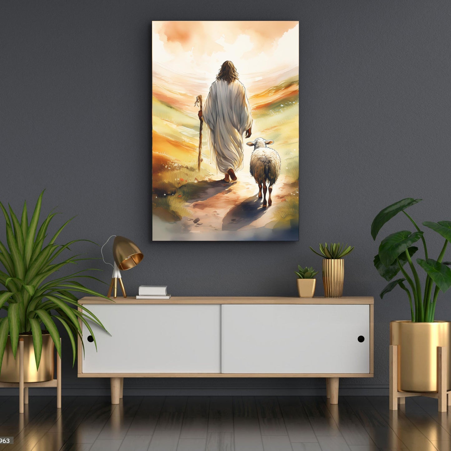 Parable Of The Lost Sheep Faith Wall Art canvas, Tailored Canvases crafting canvas showing a shepherd walking with a sheep in warm sunset hues on Tampa Home & Garden Store