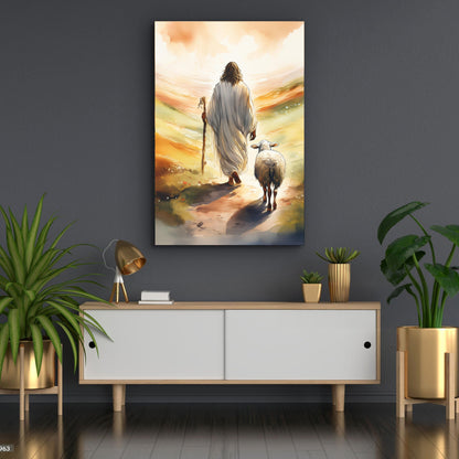 Parable Of The Lost Sheep Faith Wall Art canvas, Tailored Canvases crafting canvas showing a shepherd walking with a sheep in warm sunset hues on Tampa Home & Garden Store