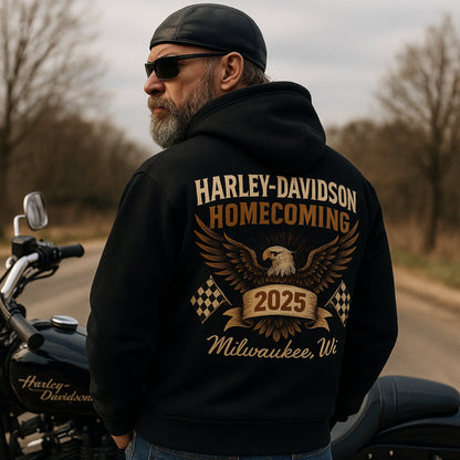 Harley-Davidson Homecoming hoodie, black with eagle crest and 2025 Milwaukee graphics on Tampa Home & Garden Store