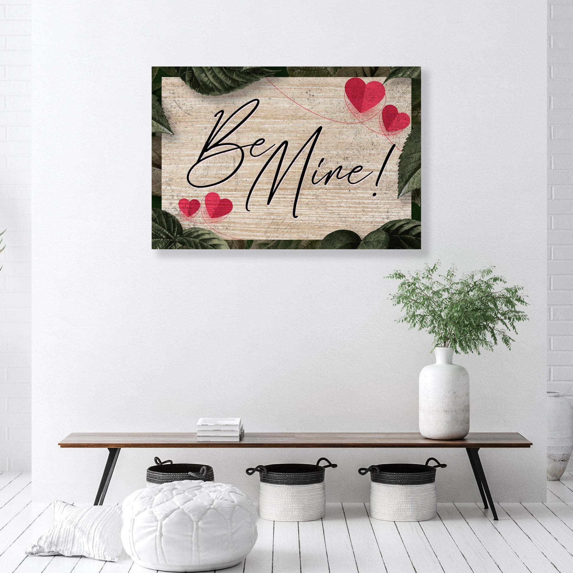 Rustic Valentine Saying Sign III canvas art with Be Mine script and red hearts border on Tampa Home & Garden Store