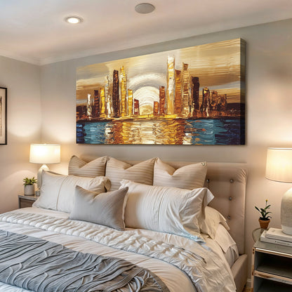 Golden Metropolis abstract impasto canvas with metallic gold city skyline, textured strokes on Tampa Home & Garden Store