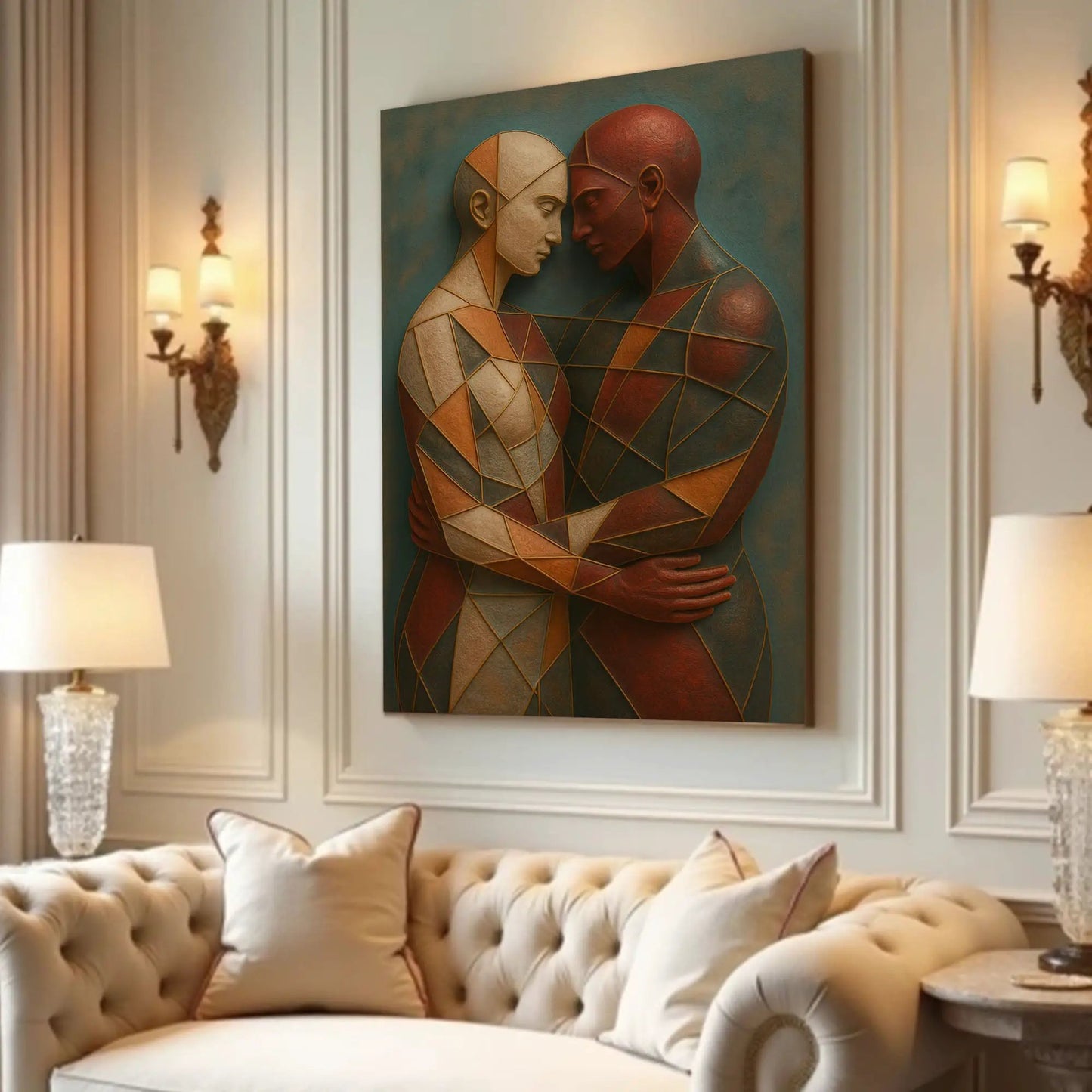 Canvas art Embrace of Geometry III by Tailored Canvases, geometric couple in warm browns on Tampa Home & Garden Store
