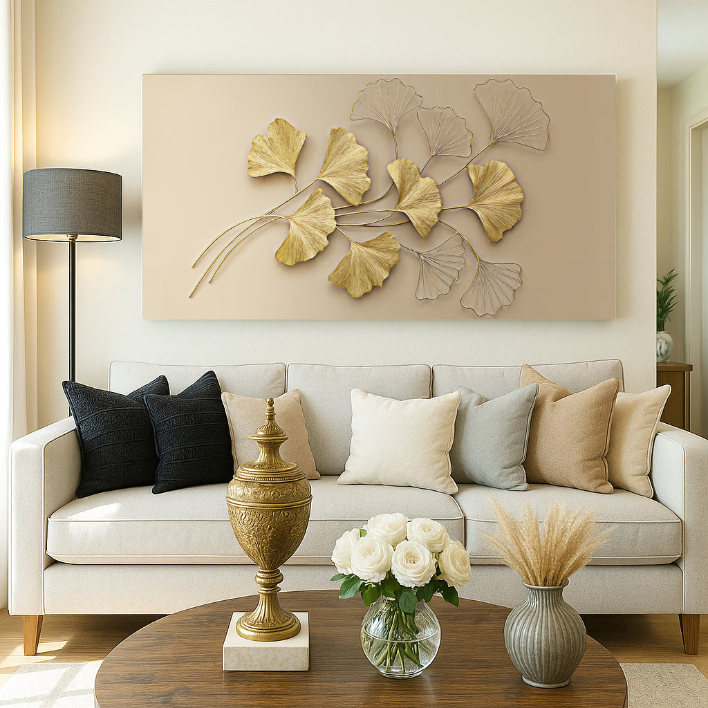 Golden Botanical Wall Art canvas by Tailored Canvases, beige-gold botanical relief on Tampa Home & Garden Store