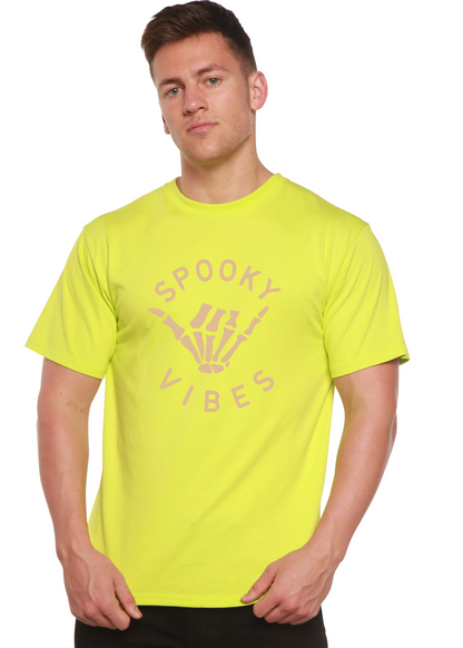 Spooky Vibes men's bamboo viscose cotton graphic tee neon lime bones print on Tampa Home & Garden Store