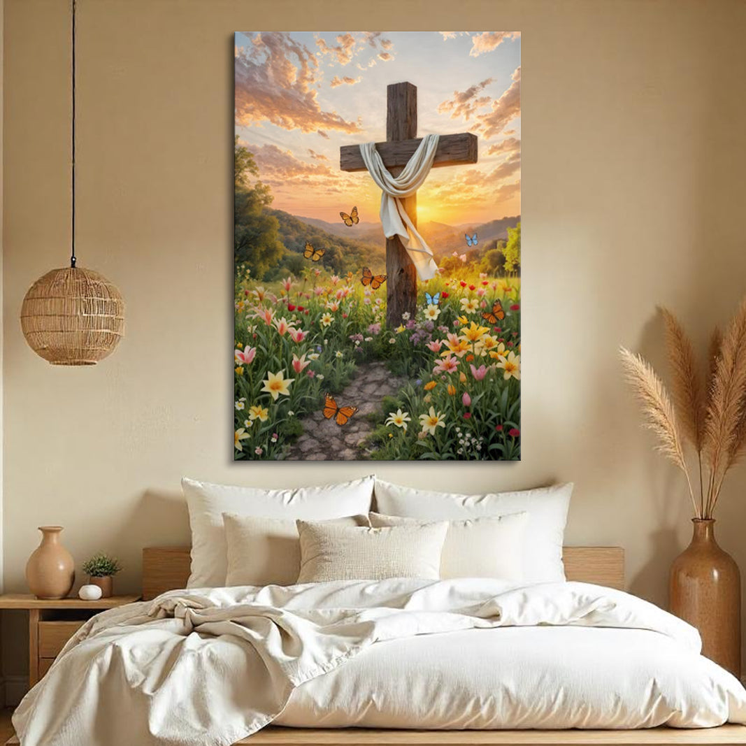 Cross and Flowers Faith Wall Art canvas; wooden cross with white drape amid blooms on Tampa Home & Garden Store