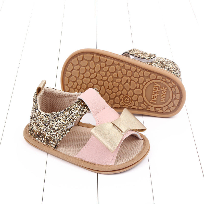 Stevvex baby girls sandals Pre Walker with pink strap glitter-back and gold bow on Tampa Home & Garden Store