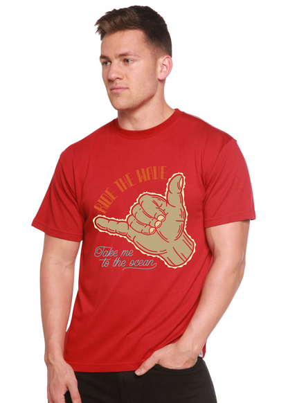 Ride The Wave men's red graphic T-shirt in bamboo viscose/organic cotton with beige shaka hand on Tampa Home & Garden Store