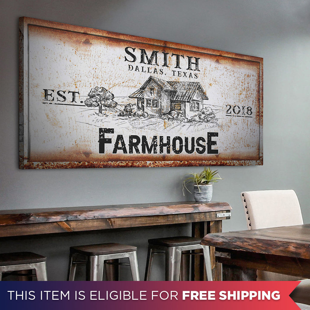 Canvas Rustic Farmhouse Personalized Sign III Tailored Canvases with farmhouse illustration on Tampa Home & Garden Store