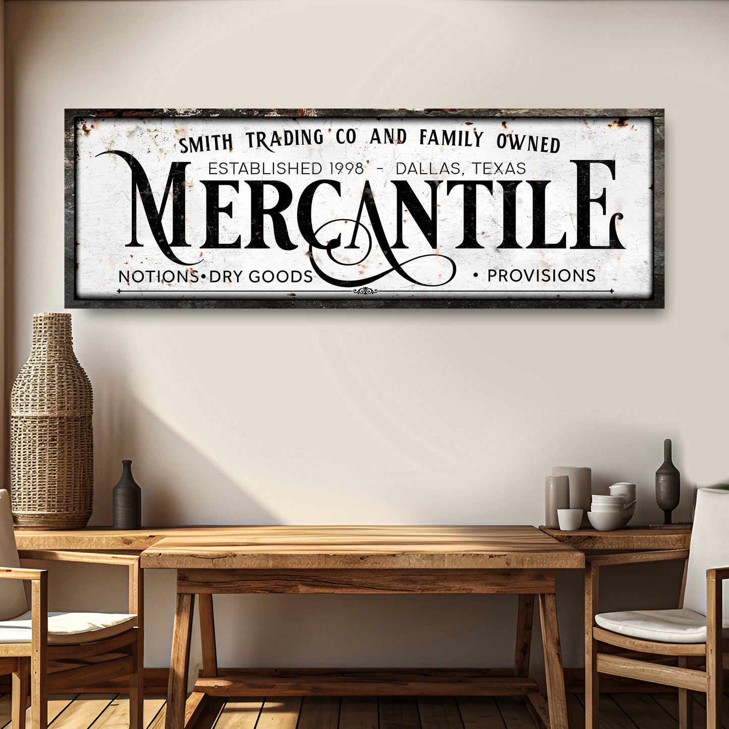 Mercantile sign canvas by Tailored Canvases with rustic distressed lettering wall art on Tampa Home & Garden Store