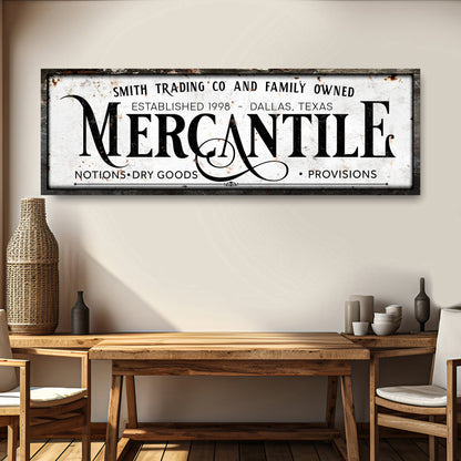 Mercantile sign canvas by Tailored Canvases with rustic distressed lettering wall art on Tampa Home & Garden Store