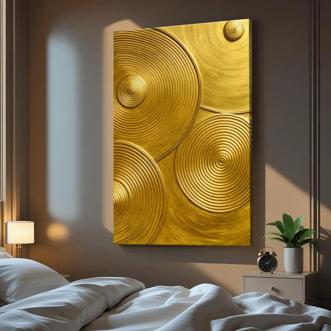 Gold Symphony Wall Art canvas by Tailored Canvases with embossed circular grooves in gold on Tampa Home & Garden Store