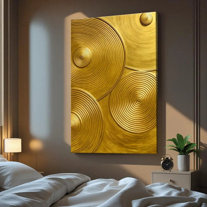Gold Symphony Wall Art canvas by Tailored Canvases with embossed circular grooves in gold on Tampa Home & Garden Store