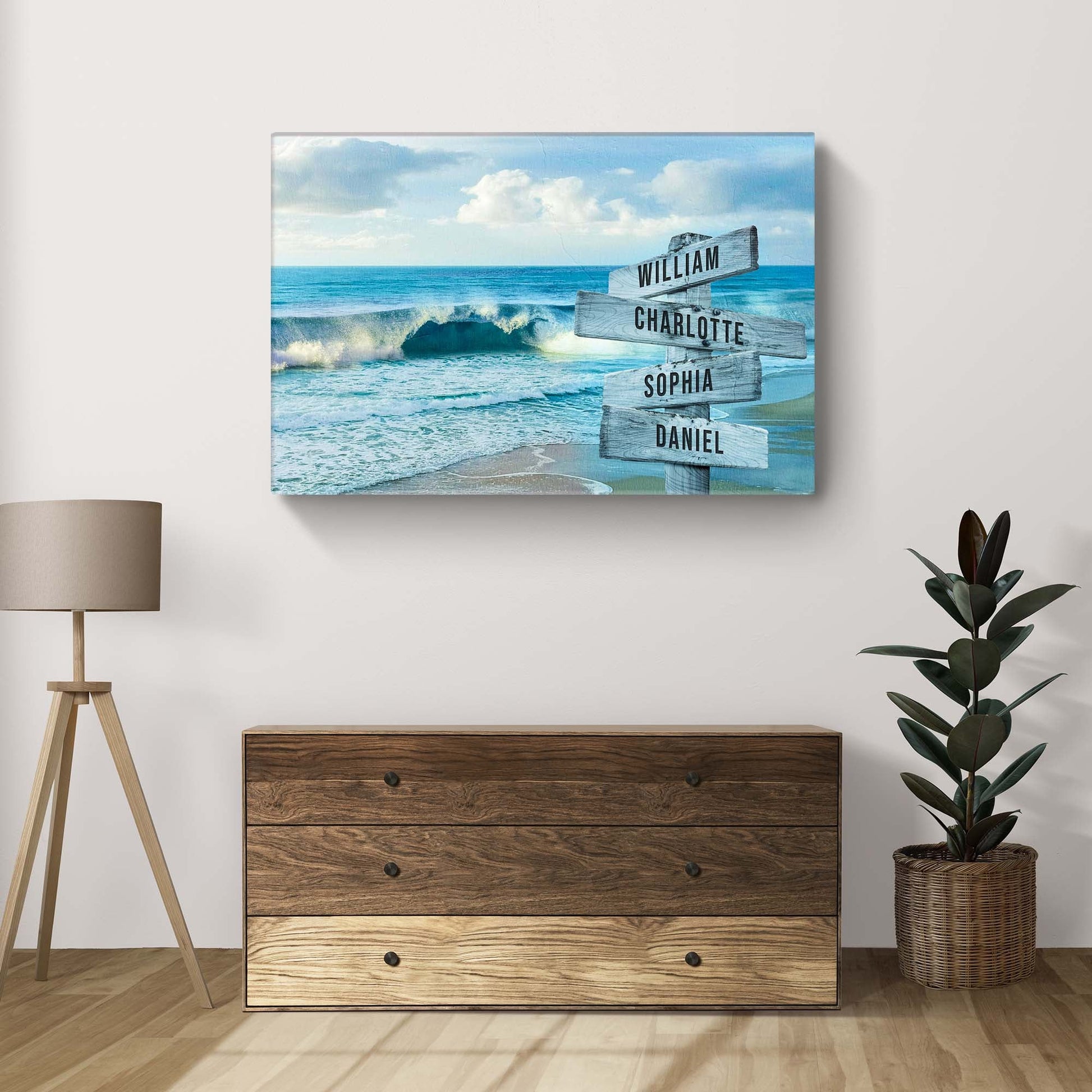 Family Names Beach Sign canvas with weathered wood signposts and ocean backdrop on Tampa Home & Garden Store