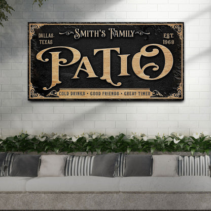 Personalized Patio Sign II canvas with gold-tone lettering on black background on Tampa Home & Garden Store