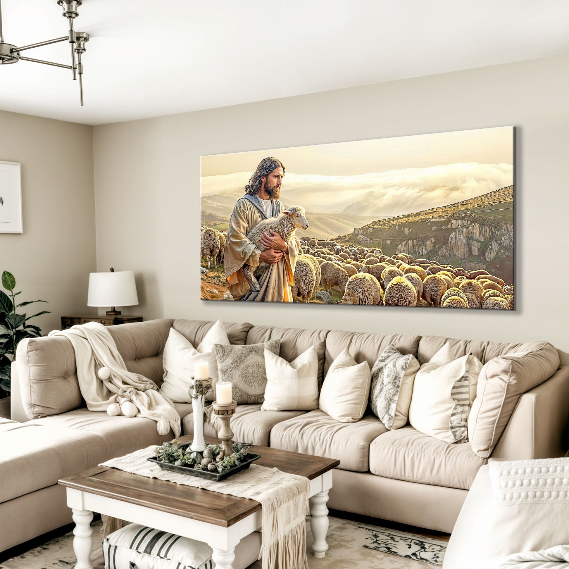 99 Faith Wall Art VIII canvas by Tailored Canvases depicting Jesus with sheep in hillside on Tampa Home & Garden Store