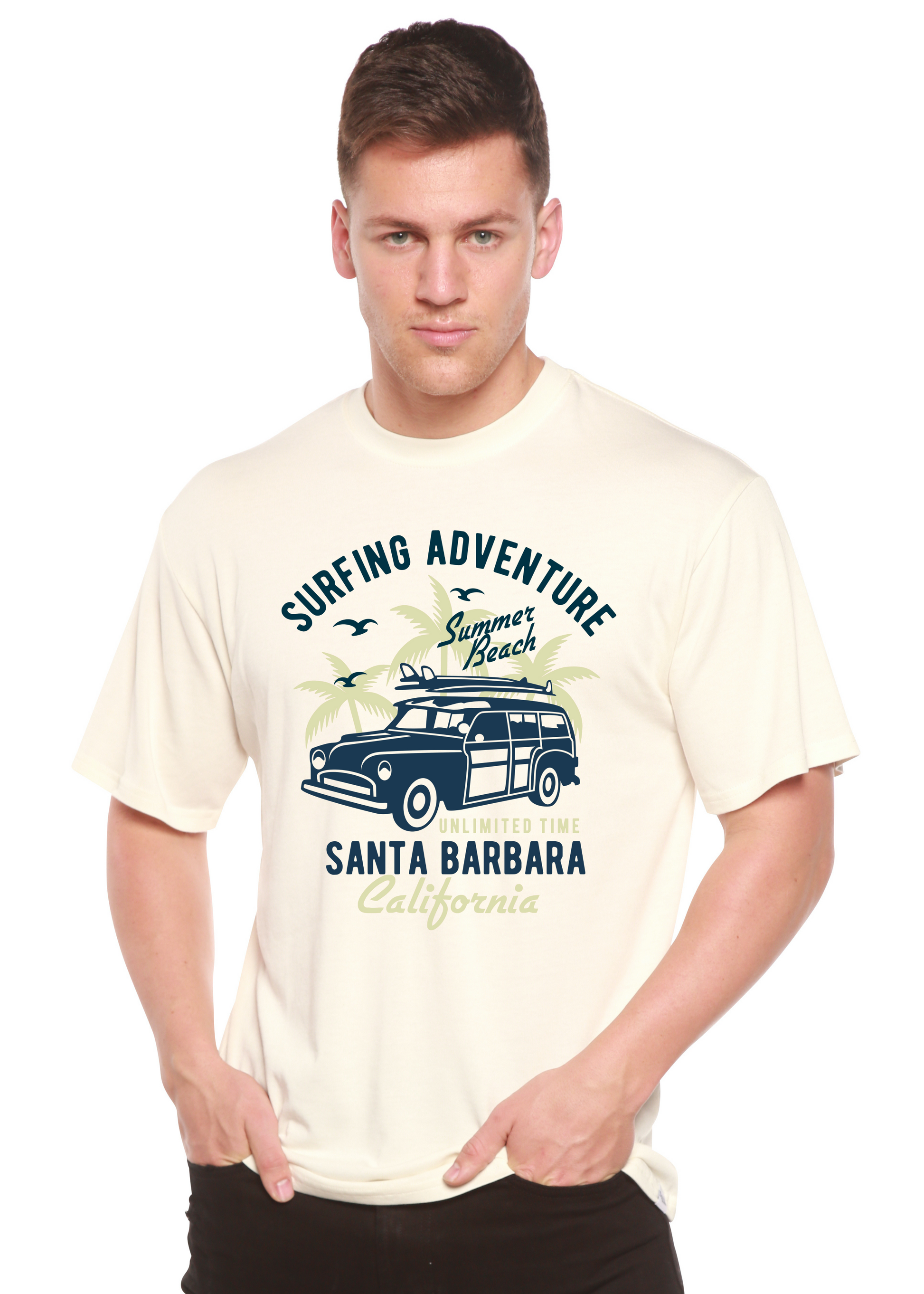 Spun Bamboo men's cream T-shirt with surfing adventure graphic of a vintage van and palm trees on Tampa Home & Garden Store