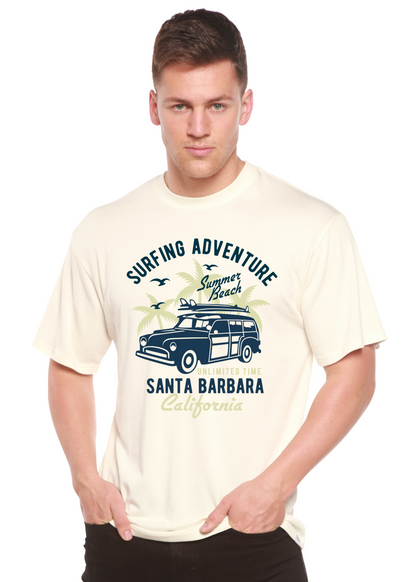 Spun Bamboo men's cream T-shirt with surfing adventure graphic of a vintage van and palm trees on Tampa Home & Garden Store