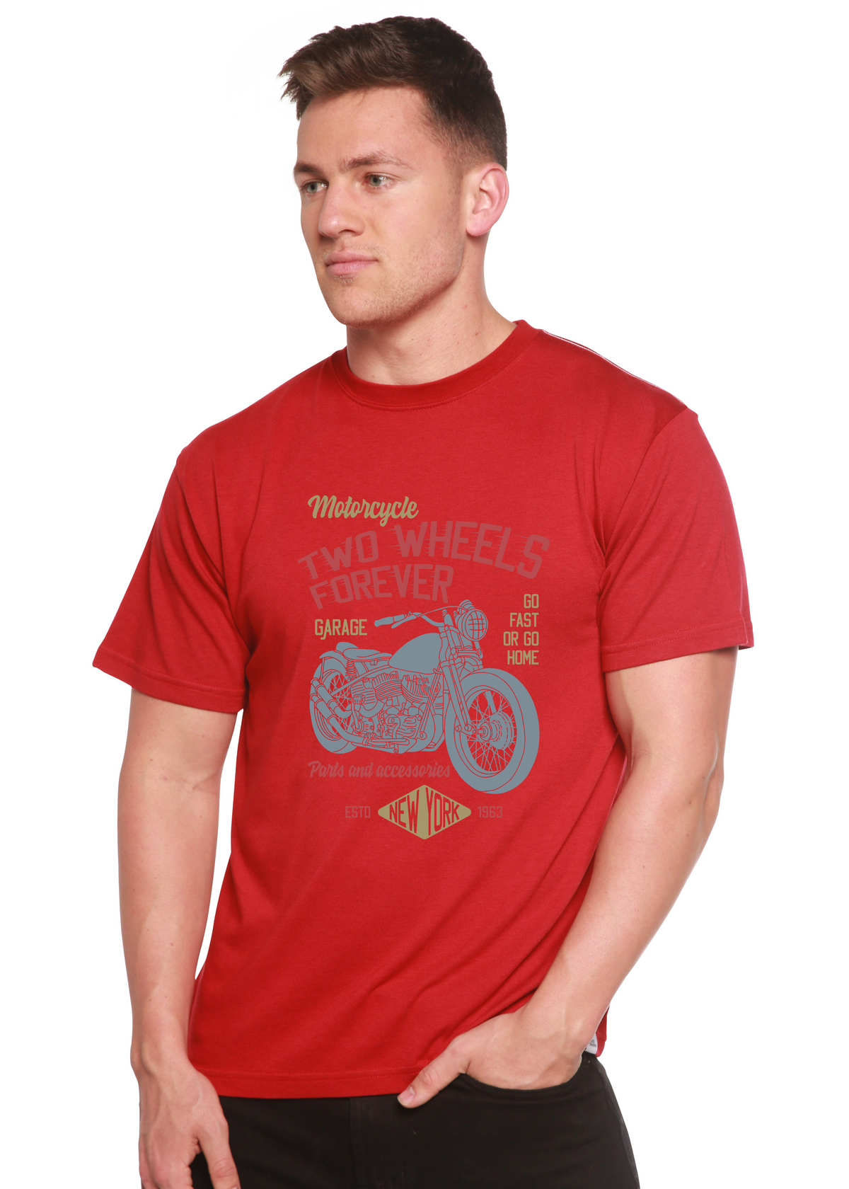 Two Wheels Forever men's bamboo viscose organic cotton graphic tee red Spun Bamboo on Tampa Home & Garden Store