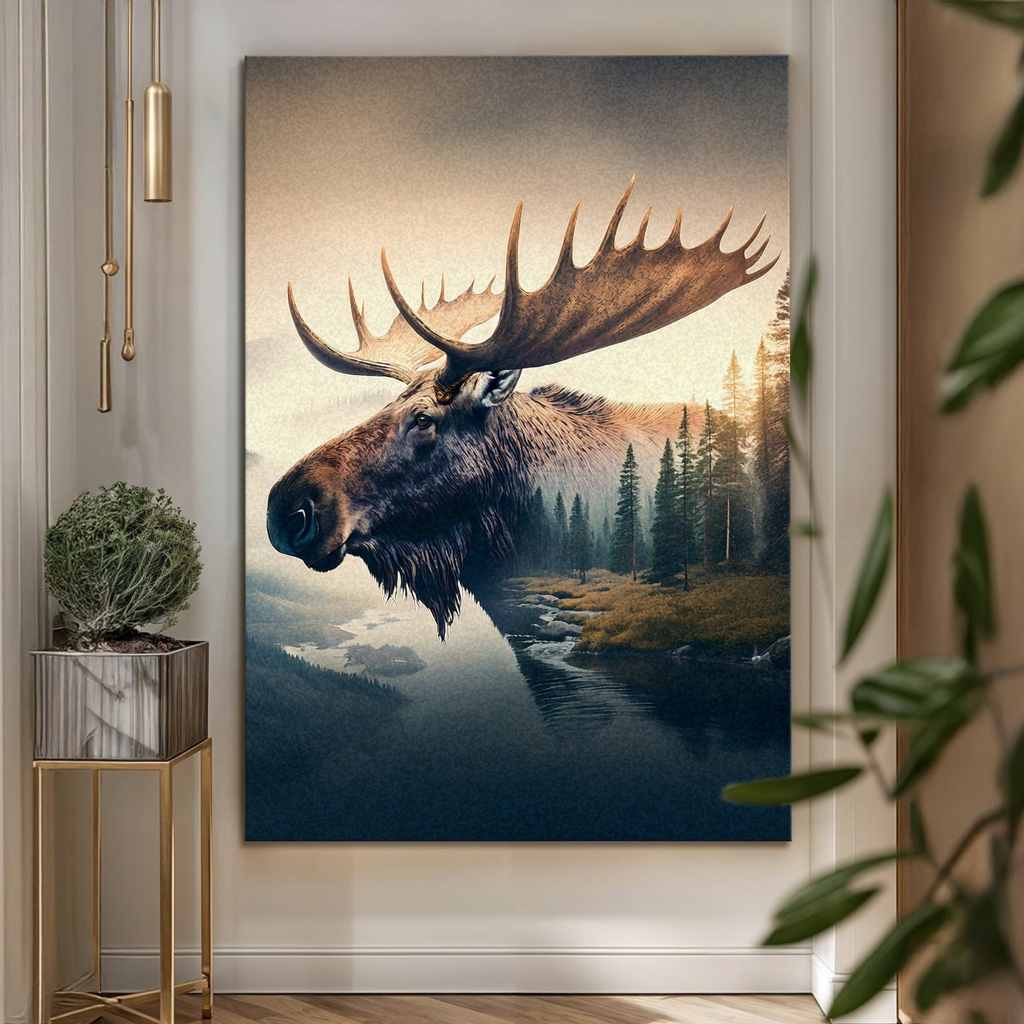 Moose Double Exposure Canvas by Tailored Canvases with gradient sky and forest scene on Tampa Home & Garden Store