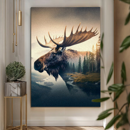 Moose Double Exposure Canvas by Tailored Canvases with gradient sky and forest scene on Tampa Home & Garden Store