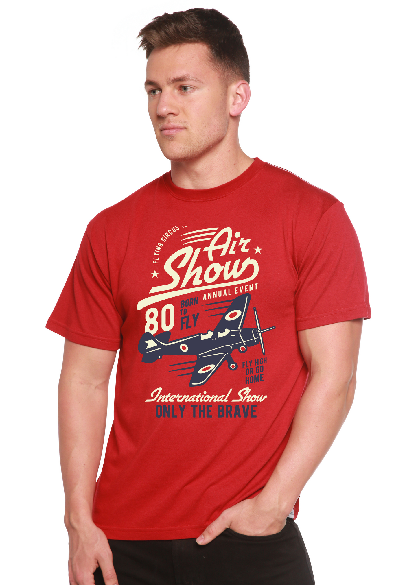Air Show men's red bamboo viscose/organic cotton short sleeve T-shirt with airplane print on Tampa Home & Garden Store