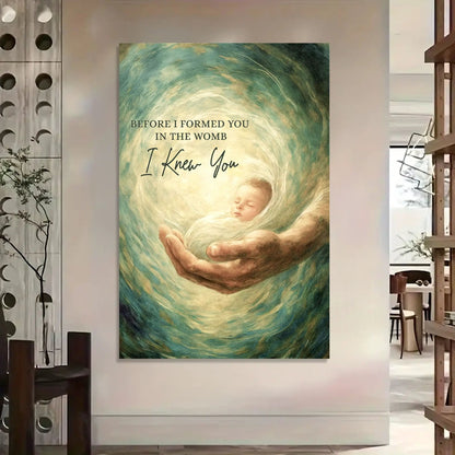 The Unborn Faith Wall Sign canvas by Tailored Canvases with aqua womb swirl motif on Tampa Home & Garden Store