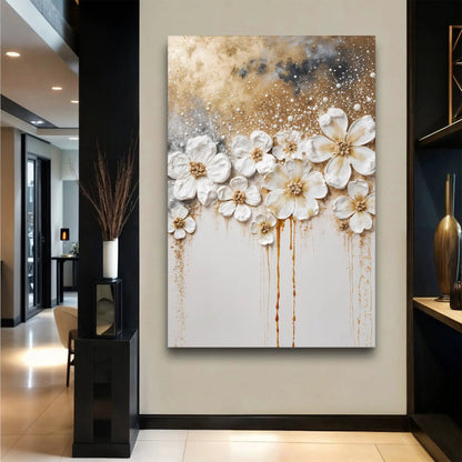 Gold floral wall art canvas with white blossoms and gold splatter by Tailored Canvases on Tampa Home & Garden Store