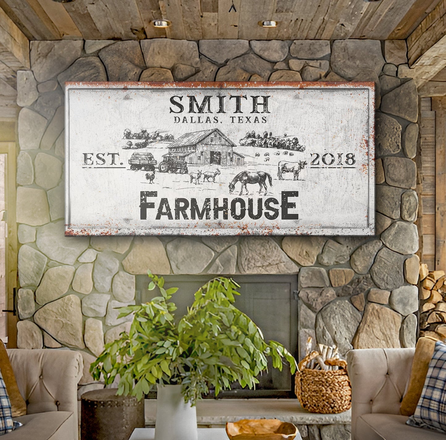 Rustic Farmhouse Custom Sign II canvas with SMITH Dallas Texas EST 2018 Farmhouse design on Tampa Home & Garden Store