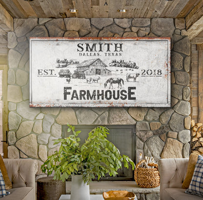Rustic Farmhouse Custom Sign II canvas with SMITH Dallas Texas EST 2018 Farmhouse design on Tampa Home & Garden Store