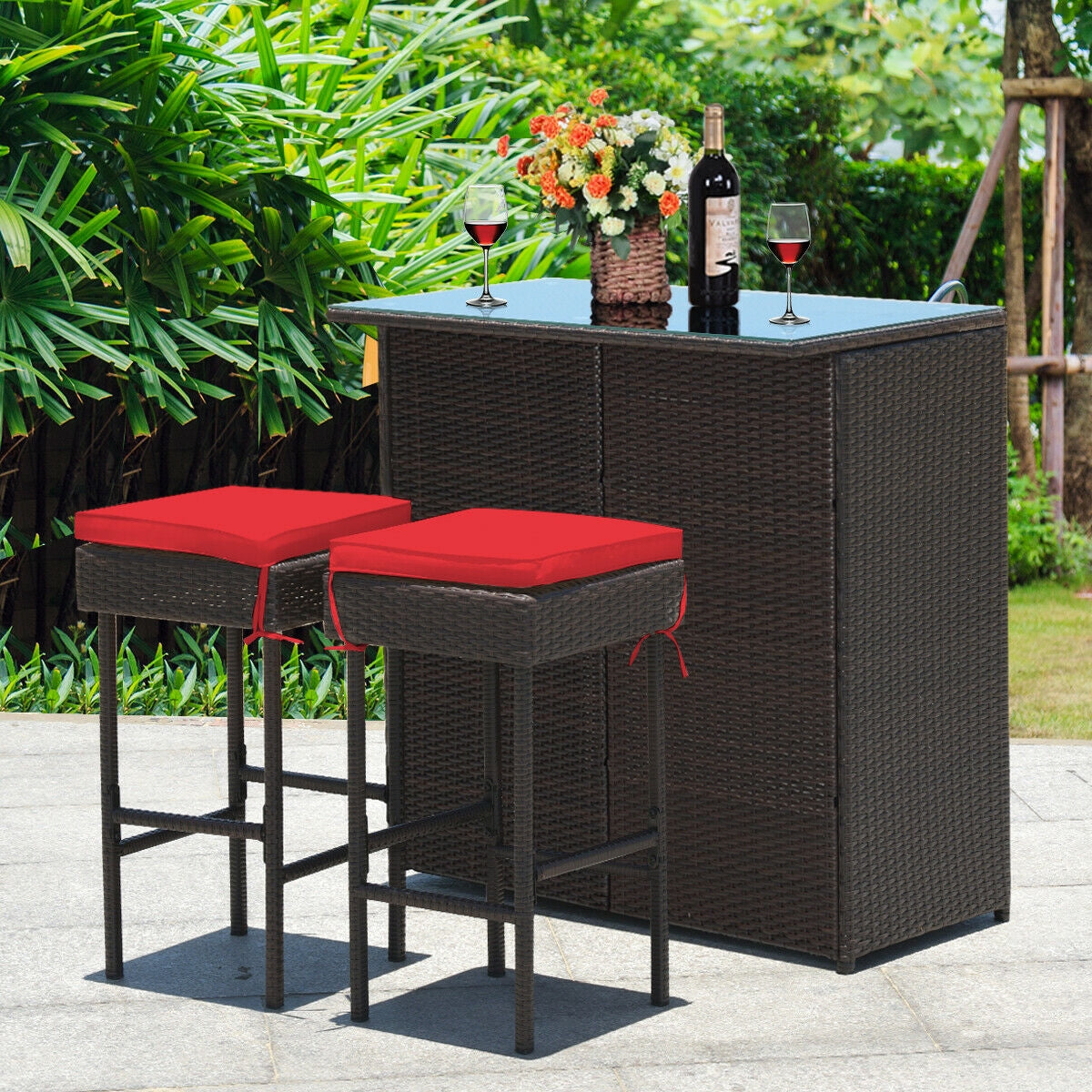 Juego de comedor de 3 piezas para patio de mimbre con mesa alta y taburetes - Rojo