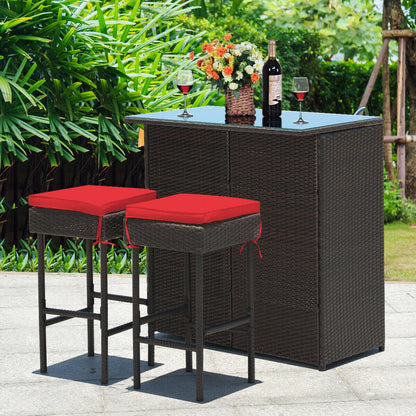 Juego de comedor de 3 piezas para patio de mimbre con mesa alta y taburetes - Rojo