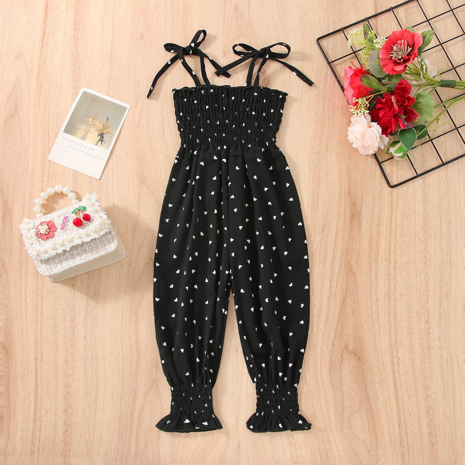 Stevvex baby sleeveless heart-print cotton romper with smocked top and tie straps on Tampa Home & Garden Store
