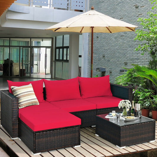 5 Pieces Patio Rattan Sectional Furniture Set with Cushions and Coffee Table-Red - Tampa Home & Garden Store