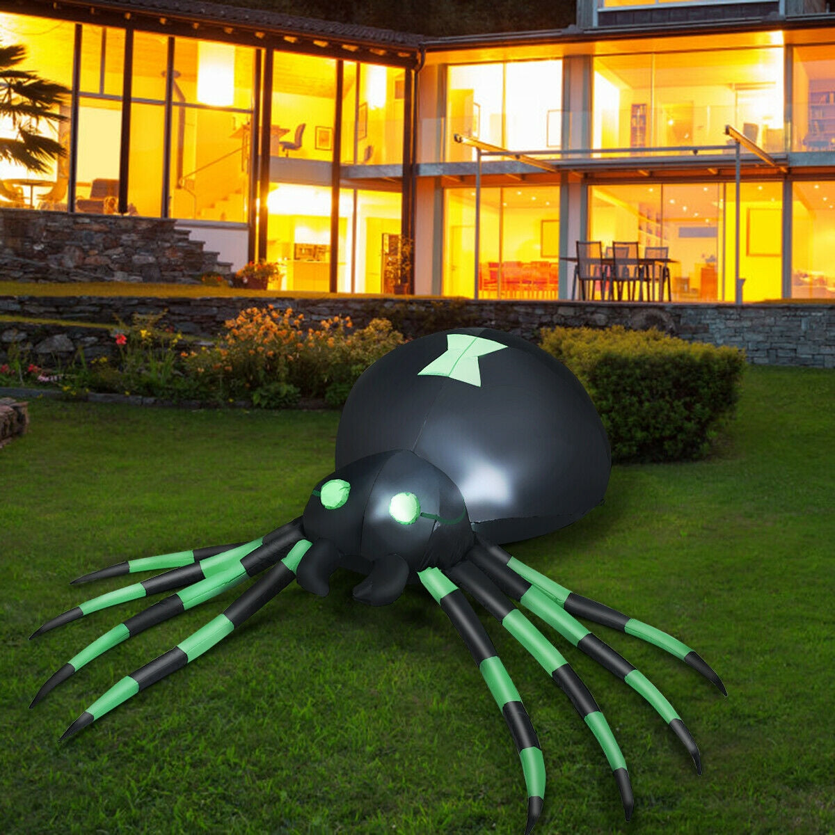 6 Feet Halloween Inflatable Spider DirectDeals; black body, neon green legs, glowing eyes on Tampa Home & Garden Store