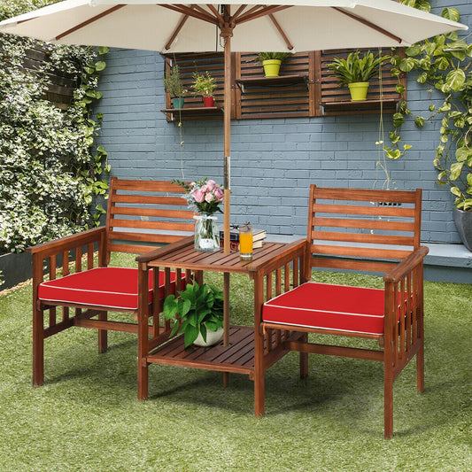 3 pcs Outdoor Patio Table Chairs Set Acacia Wood Loveseat-Red - Tampa Home & Garden Store