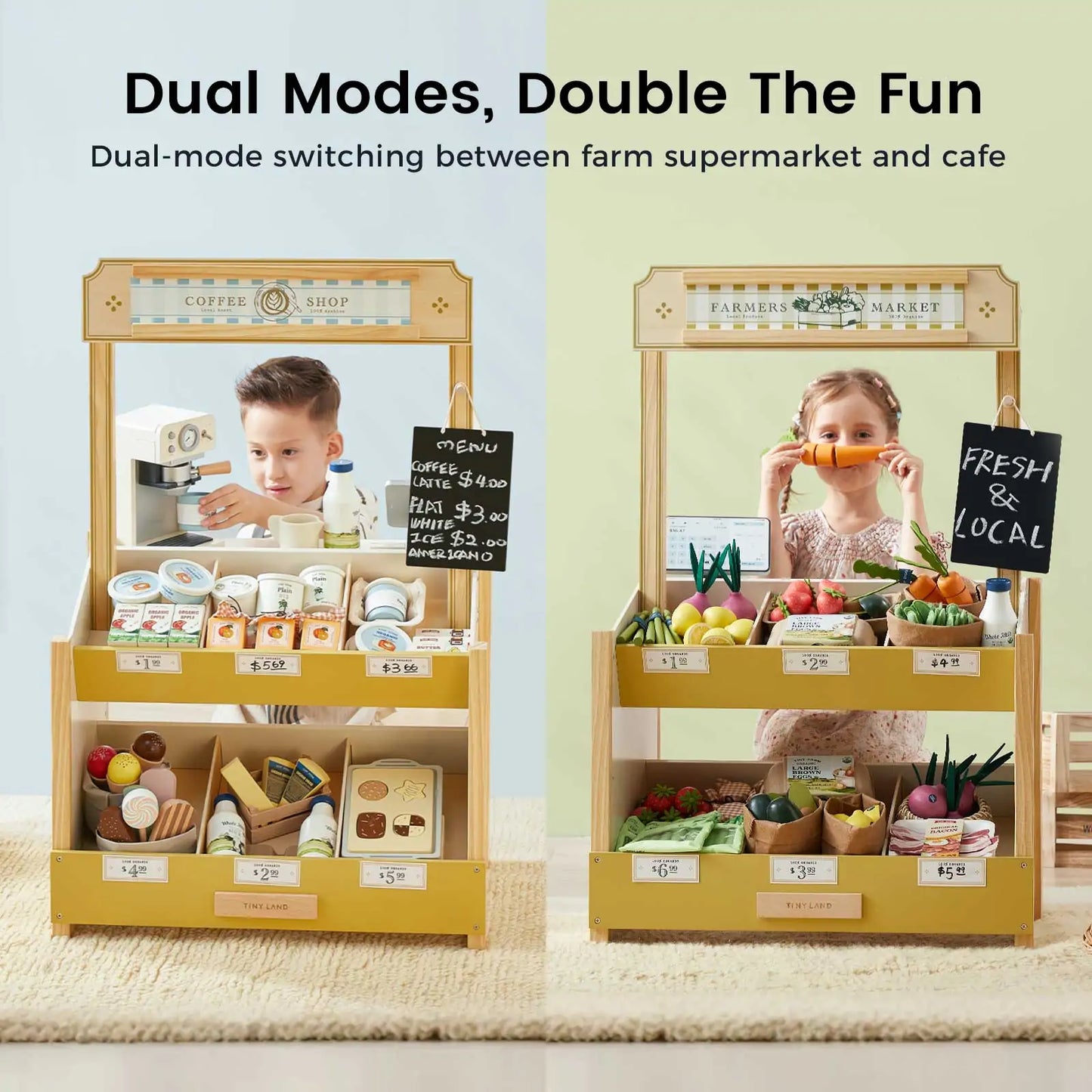 Tiny Land Kid's Grocery Store Playset with stalls coffee shop left farmers market right on Tampa Home & Garden Store